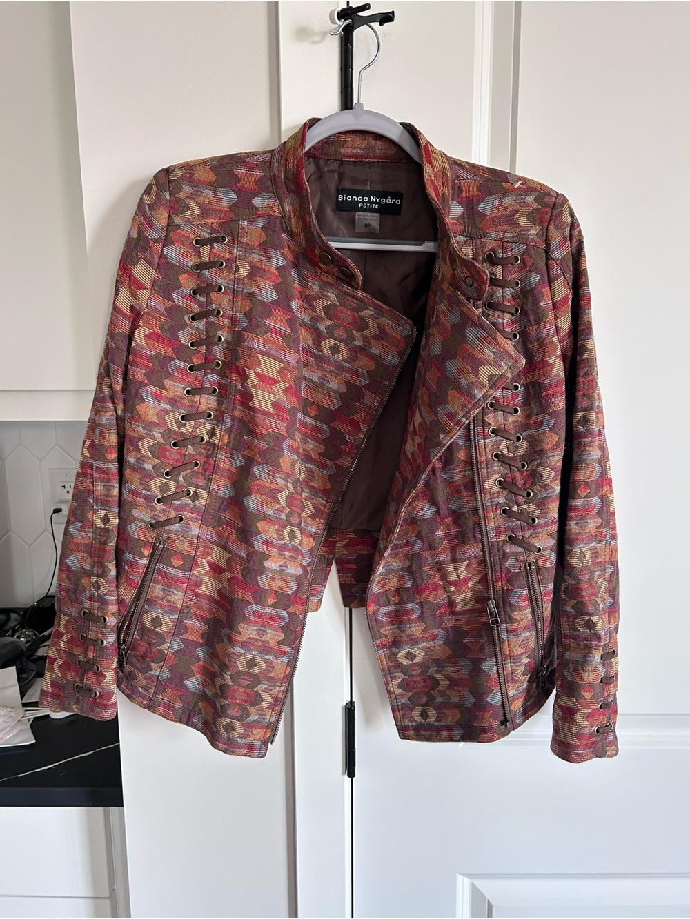 Bianca Nygård Multicolor Patterned Lace-Up Asymmetrical Zip Jacket Geometric - Picture 3 of 7
